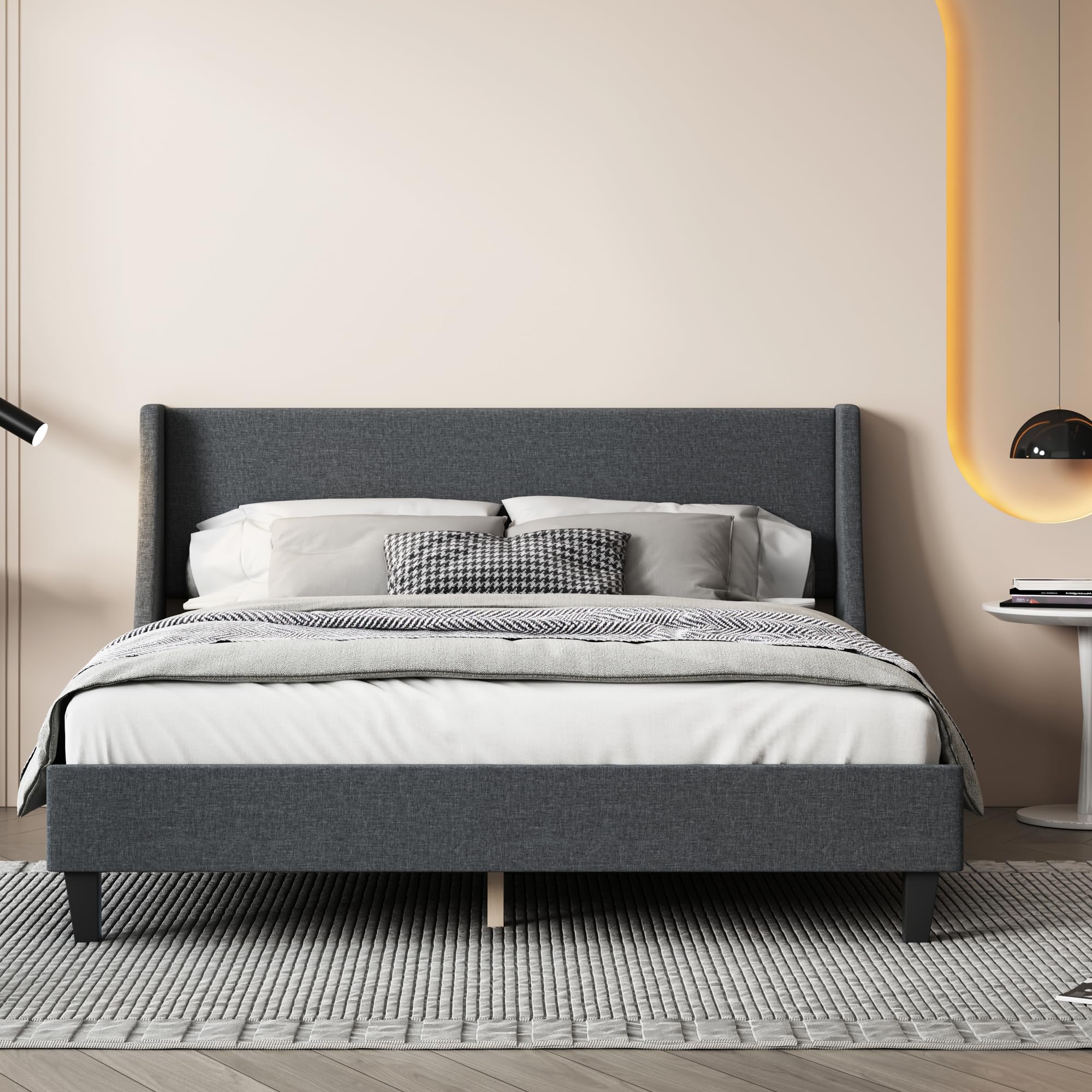 Queen Size Upholstered Platform Bed with Linen Fabric Adjustable Headboard
