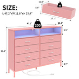 SOOWERY Dresser for Bedroom Led Bedroom Dresser with Charging Station, Tall Dresser with 8 Fabric Chest of Drawers, Dresser for Kids Room, TV Stand for up to 60" TV for Living Room, Pink