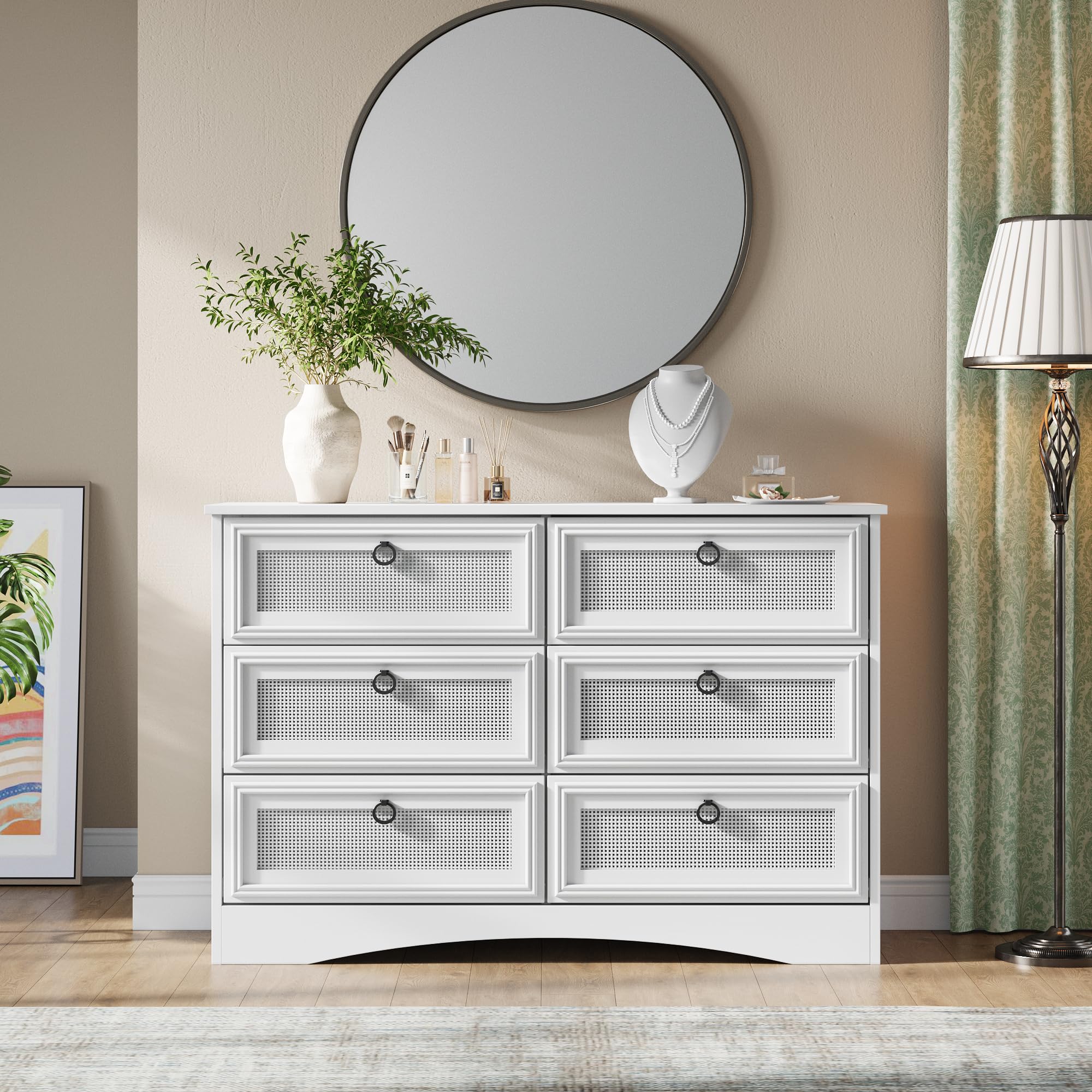 6 Drawer Dresser for Bedroom, White Rattan Dresser