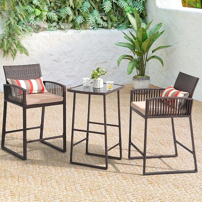 3-Piece Outdoor Wicker Bar Height Table Set, 2 Bar Stools and 1 Pub Table