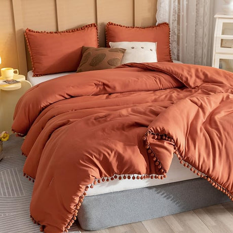 Queen Comforter Set - Comforter Queen Size Sets with Ball Pom Fringe, Soft Bedding Set