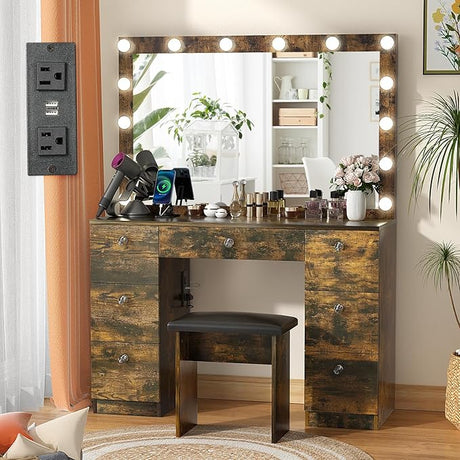 Lighted Mirror, Makeup Vanity Desk with Power Outlet and LED Bulbs, 3 Color Lighting Modes Adjustable Brightness, 7 Drawers Vanity Table with Cushioned Stool for Bedroom, White