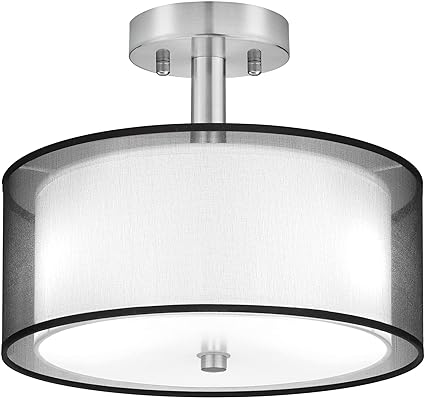 3-Light Semi Flush Mount Ceiling Light Fixture, Drum Light with Double Fabric Shade