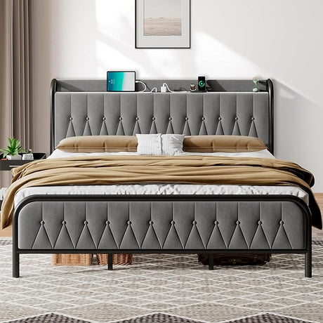 King Size Bed Frame with USB&Type-C Ports, Storage Velvet Button Tufted Headboard