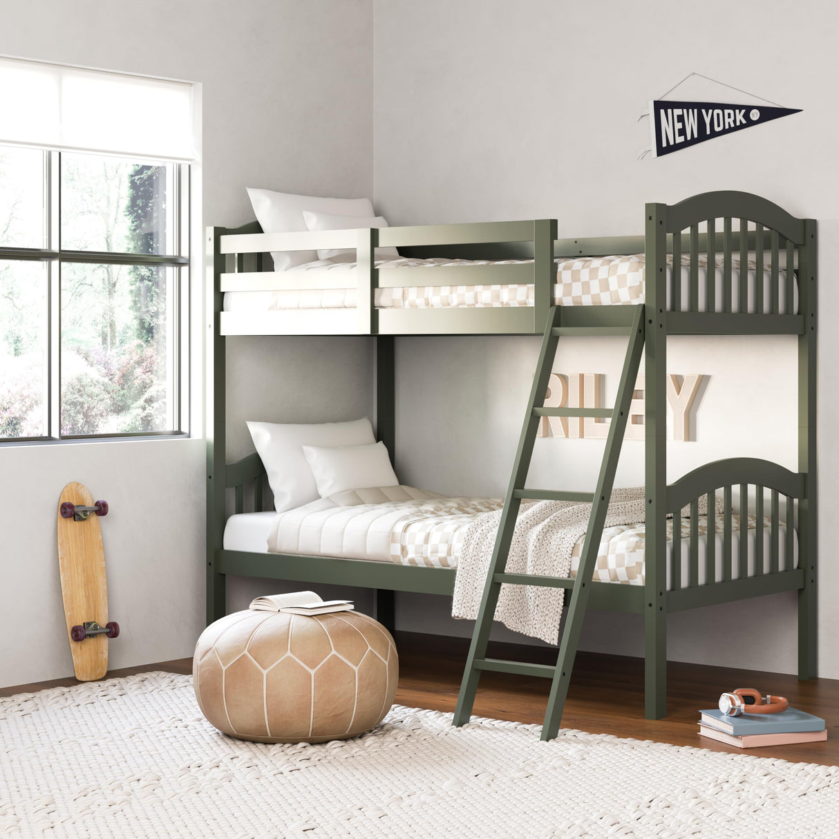 Twin-Over-Twin Bunk Bed (Olive) - GREENGUARD Gold Certified, Converts to 2 Individual