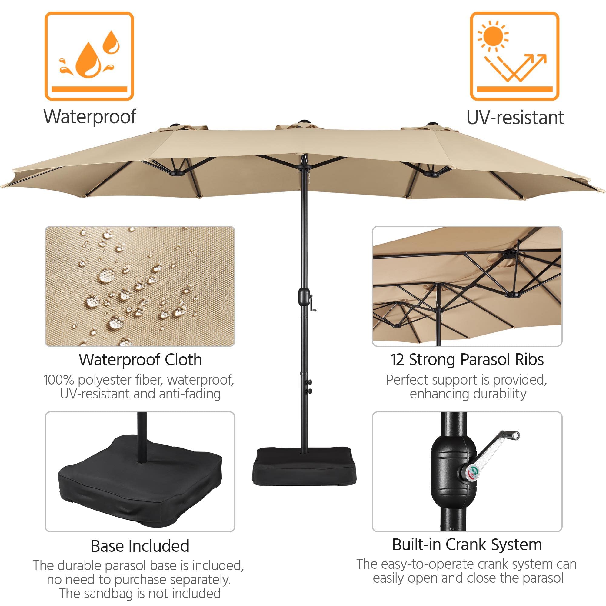 15 ft Triple-size Patio Umbrella w/Base Includedatio Parasol w/Easy Crank &