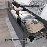 Benevika Queen Size Bed Frame with 4 Drawers and Charge Station, PU Leather Upholstered Bed with Adjustable LED Headboard, Wooden Slats Support, No Box Spring Needed, Black