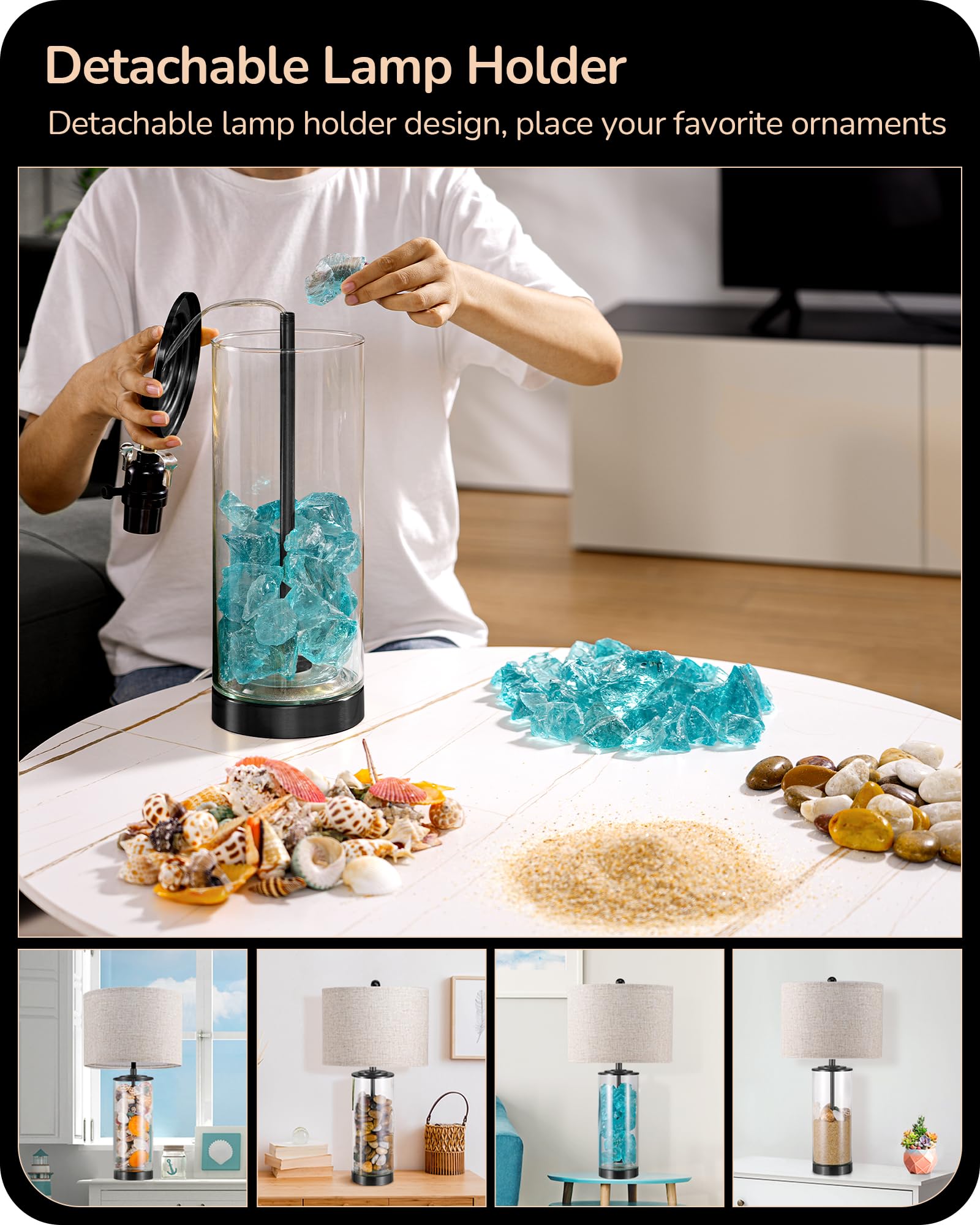 23.6" Glass Table Lamp Set of 2 - DIY Refillable Bedside Lamps with Linen Lampshade