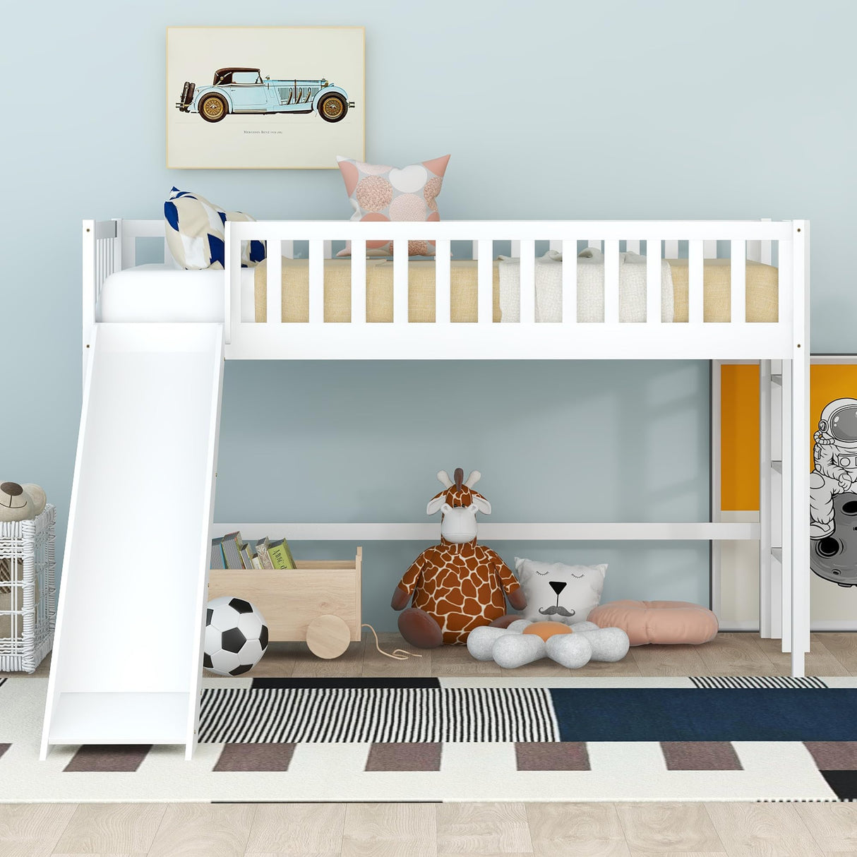 Twin Size Low Loft Bed for Kids,Loft Bed with Slide and Ladder