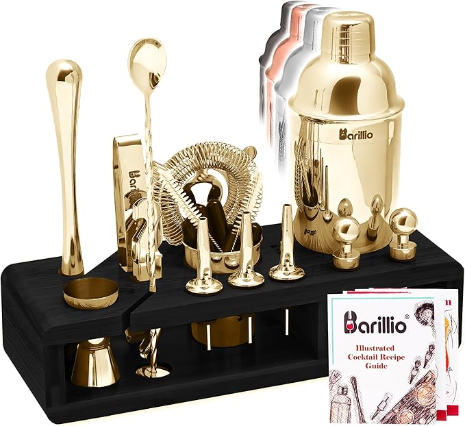 Silver Bartender Kit - Stainless-Steel Cocktail Shaker Set w/Black Bamboo Stand
