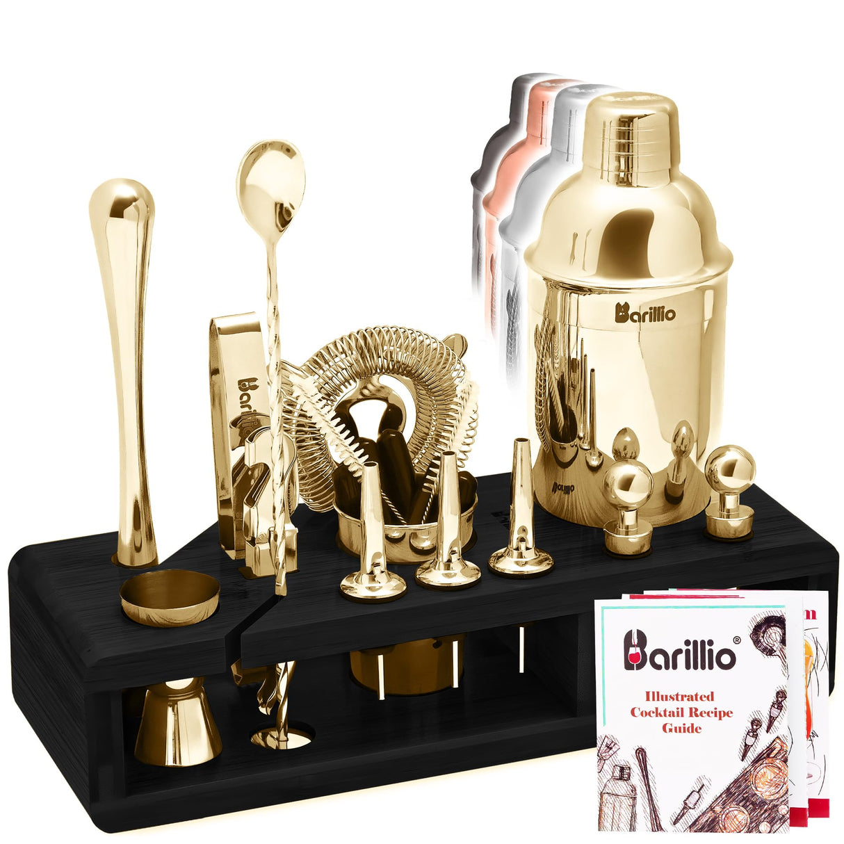 Gold Bartender Kit - Stainless-Steel Cocktail Shaker Set w/Black Bamboo Stand