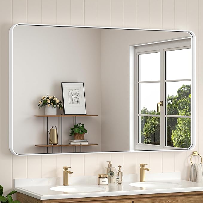 Brushed Gold Bathroom Mirror 48 x 30 Inch Large Rounded Rectangle Vanity Mirror