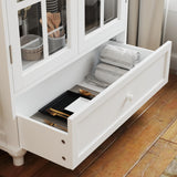 White Buffet Cabinet with Glass Doors and Drawers, Modern Wooden Buffet