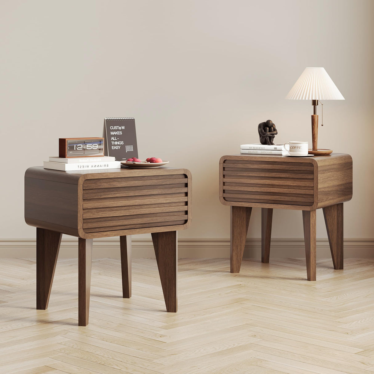 Nightstands Set of 2 Mid Century Modern Night Stand Wood Accent Bedside Table with Drawer Small Side Table