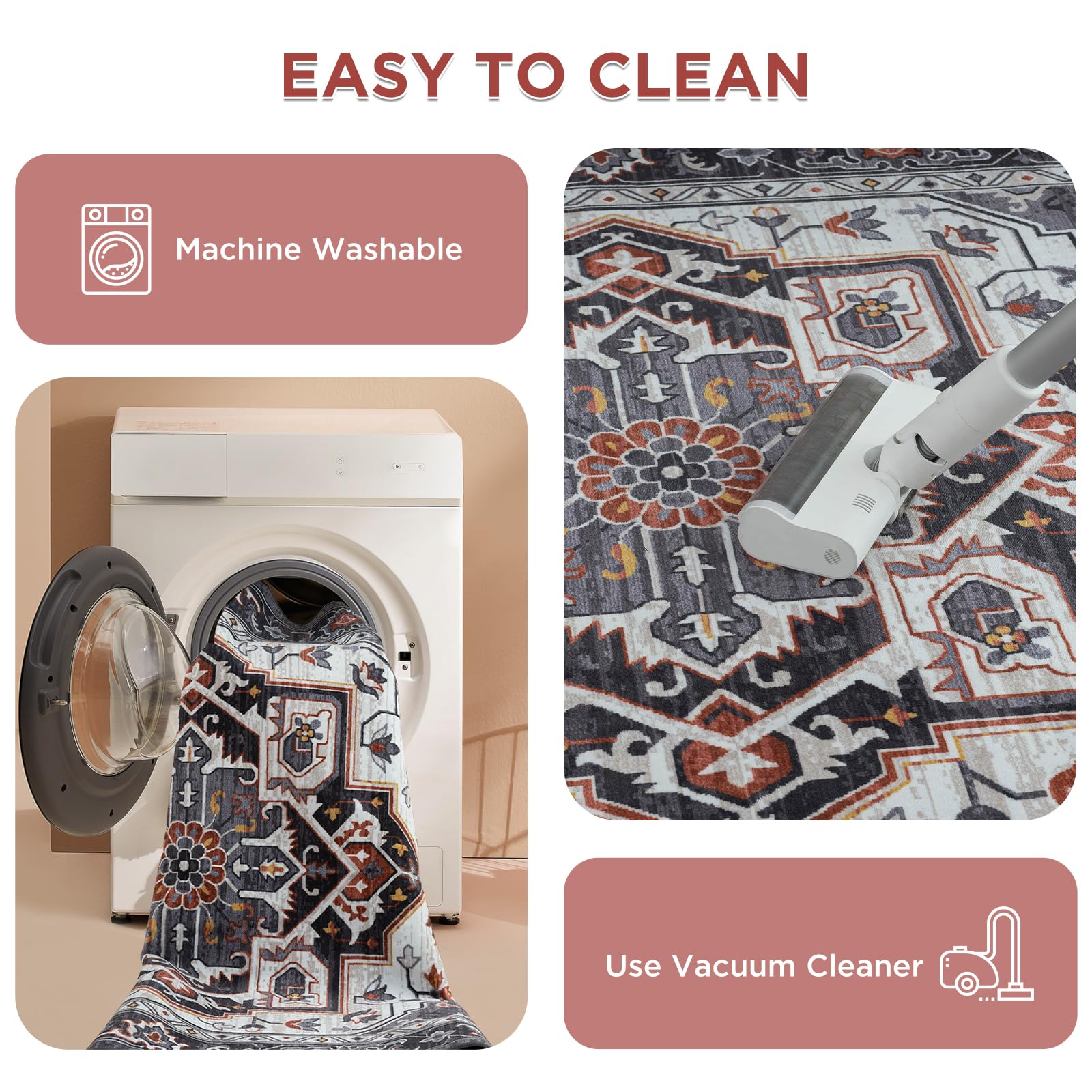 Ultra-Soft Washable Area Rug - 6x9 Non-Slip Vintage Low Pile Carpet Medallion Rugs