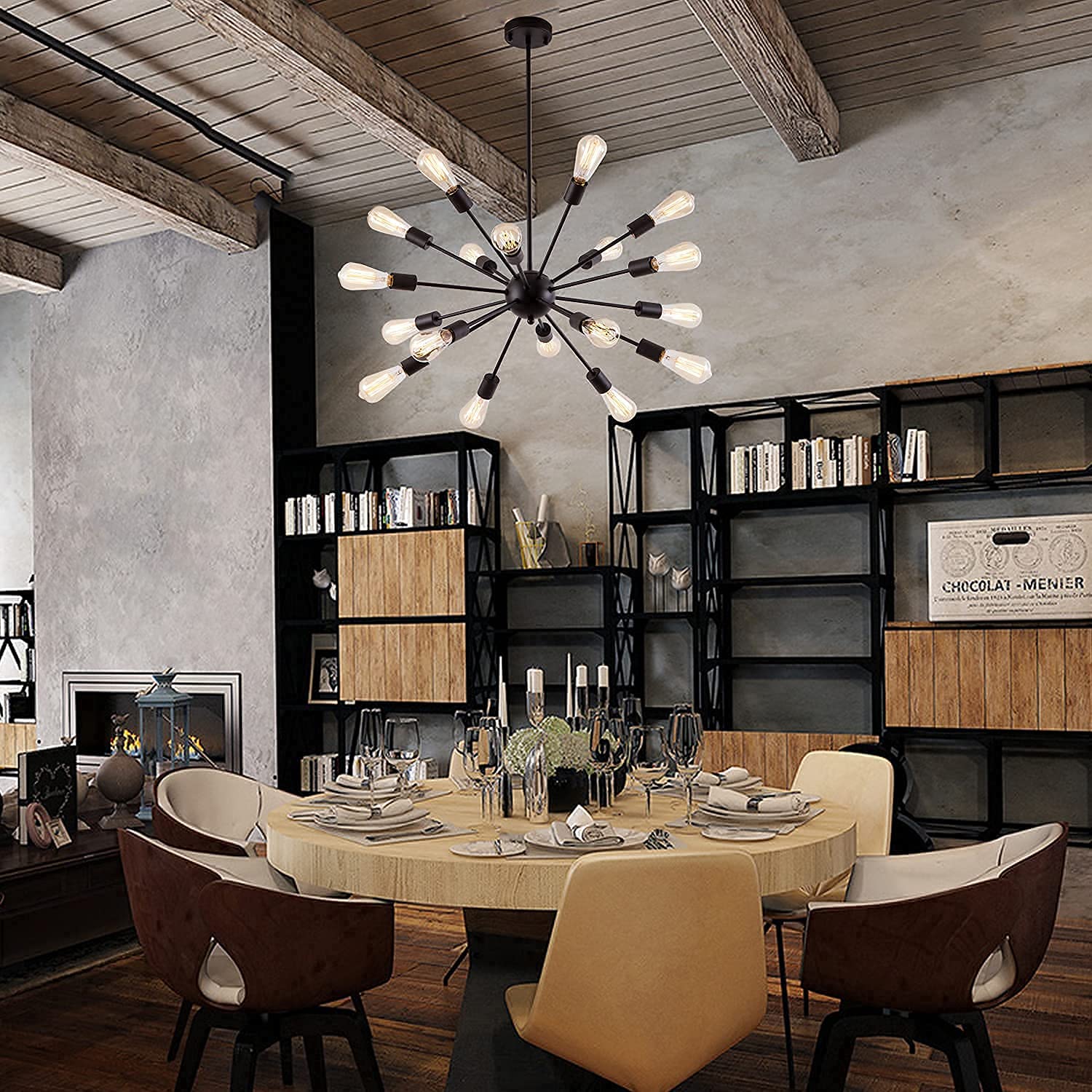 Sputnik Chandeliers Black, Modern 18-Light Farmhouse Pendant Light Mid