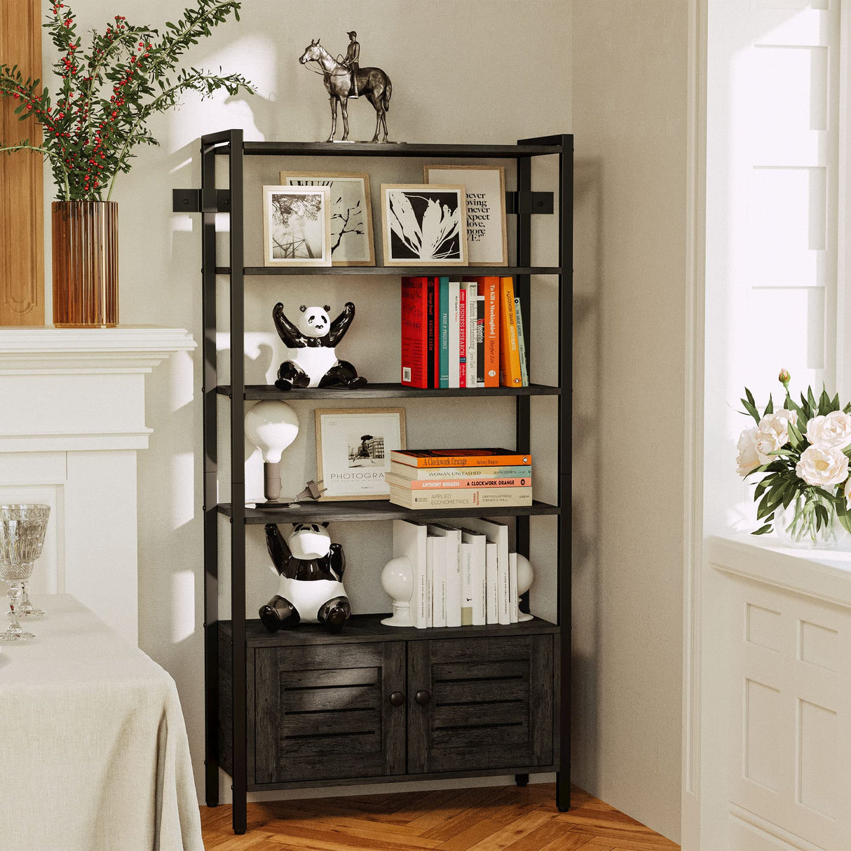 Bookshelf and Bookcase with Two Louvered Doors and Four Shelves, 27.6" Wide Standing