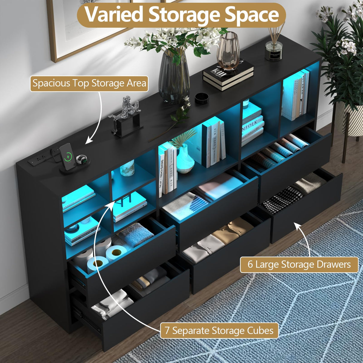 6 Drawers Dresser with 7 Storage Cubbies, LED Chest of Drawers with Power Outlet