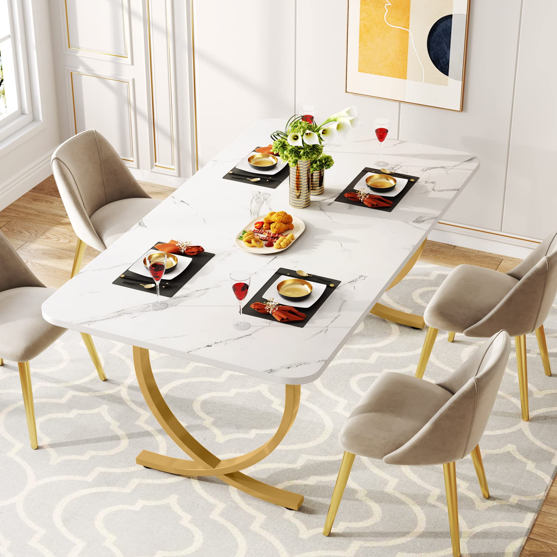 Dining Room Table, Kitchen Table with Faux Marble Table Top and Gold Metal Legs