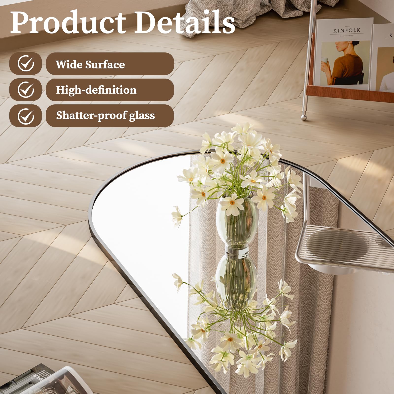 Arched Full Length Mirror 65x24 - Shatterproof Tempered Glass Floor Mirror