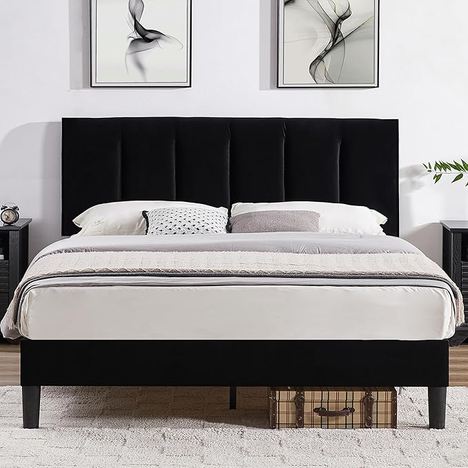 Queen Bed Frame with Upholstered Headboard, Heavy-duty Platform Bedframe