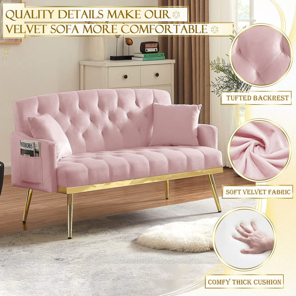 Velvet Loveseat Sofa, Modern Small Sofa Couch with Side Pocket and Golden Metal Legs, Tufted Leisure Sofa for Living Room, Bedroom, Office, Pink