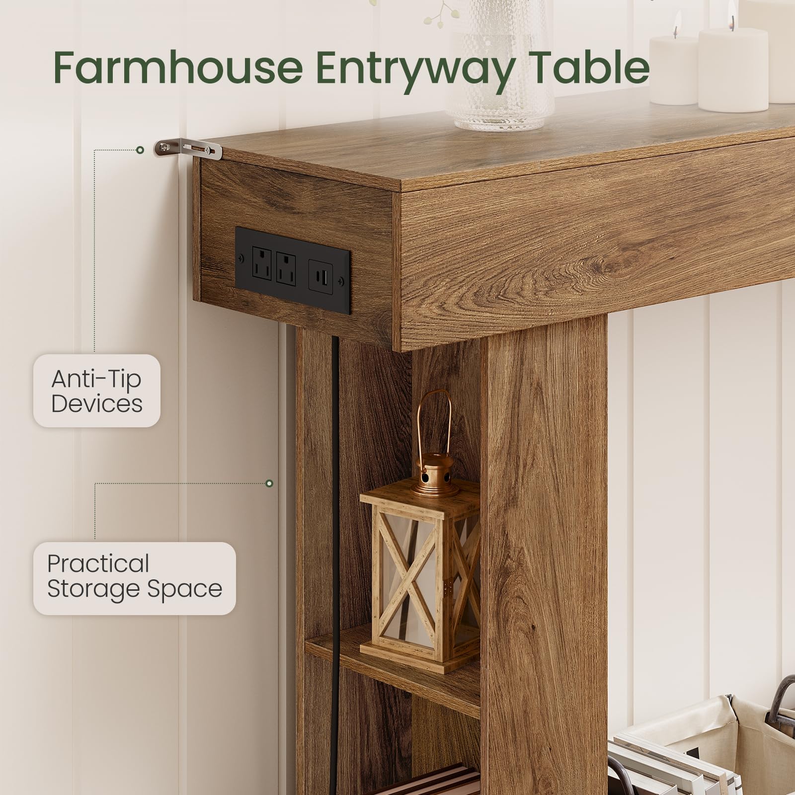 63" Console Table with Charging Station and LED Lights