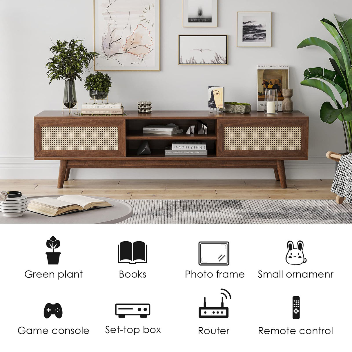 65'' Rattan TV Stand with Storage,Mid Century Modern TV Stand for Living Room