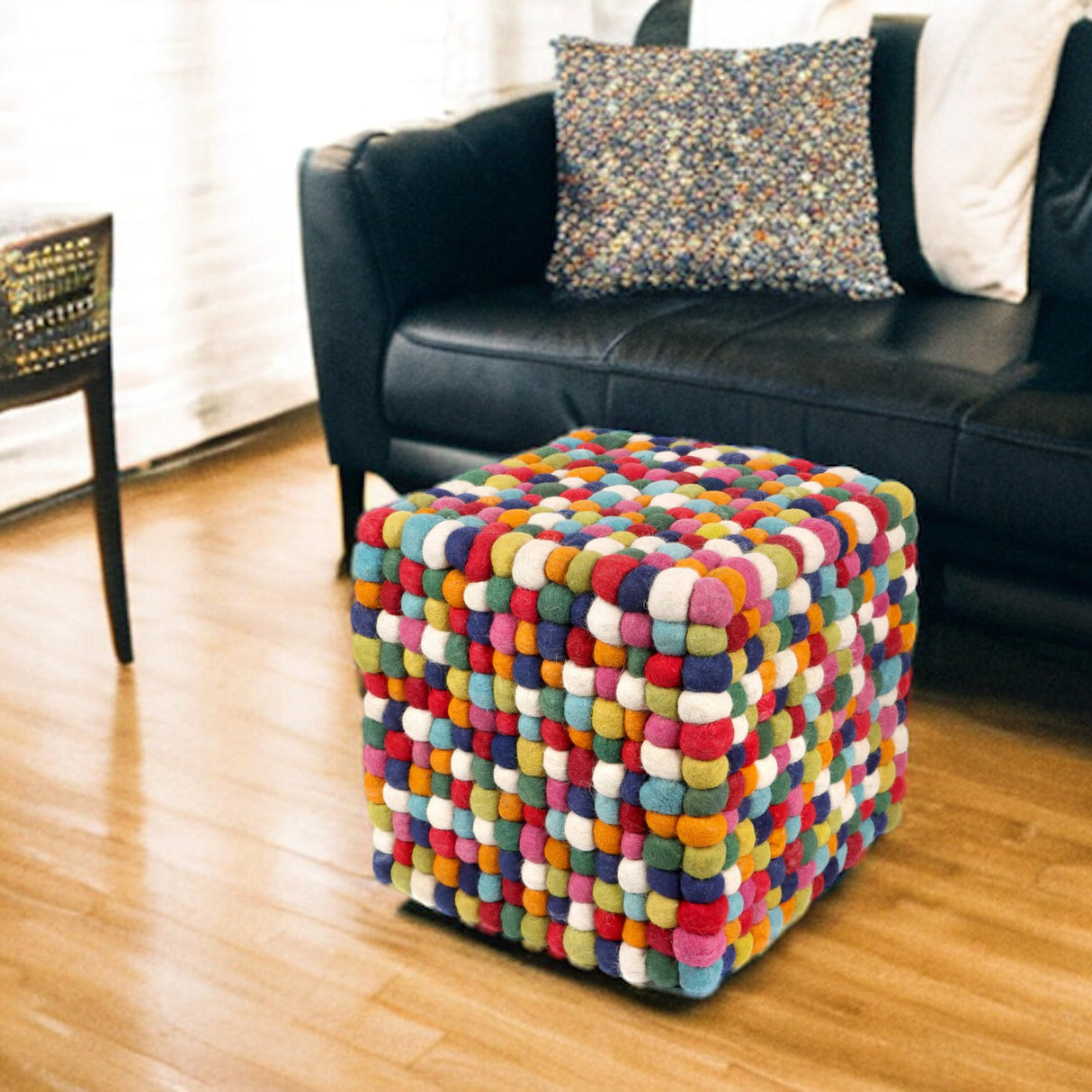 12 Inches Multi Colored Cube Felt Ball Ottoman Pouf for Living Room