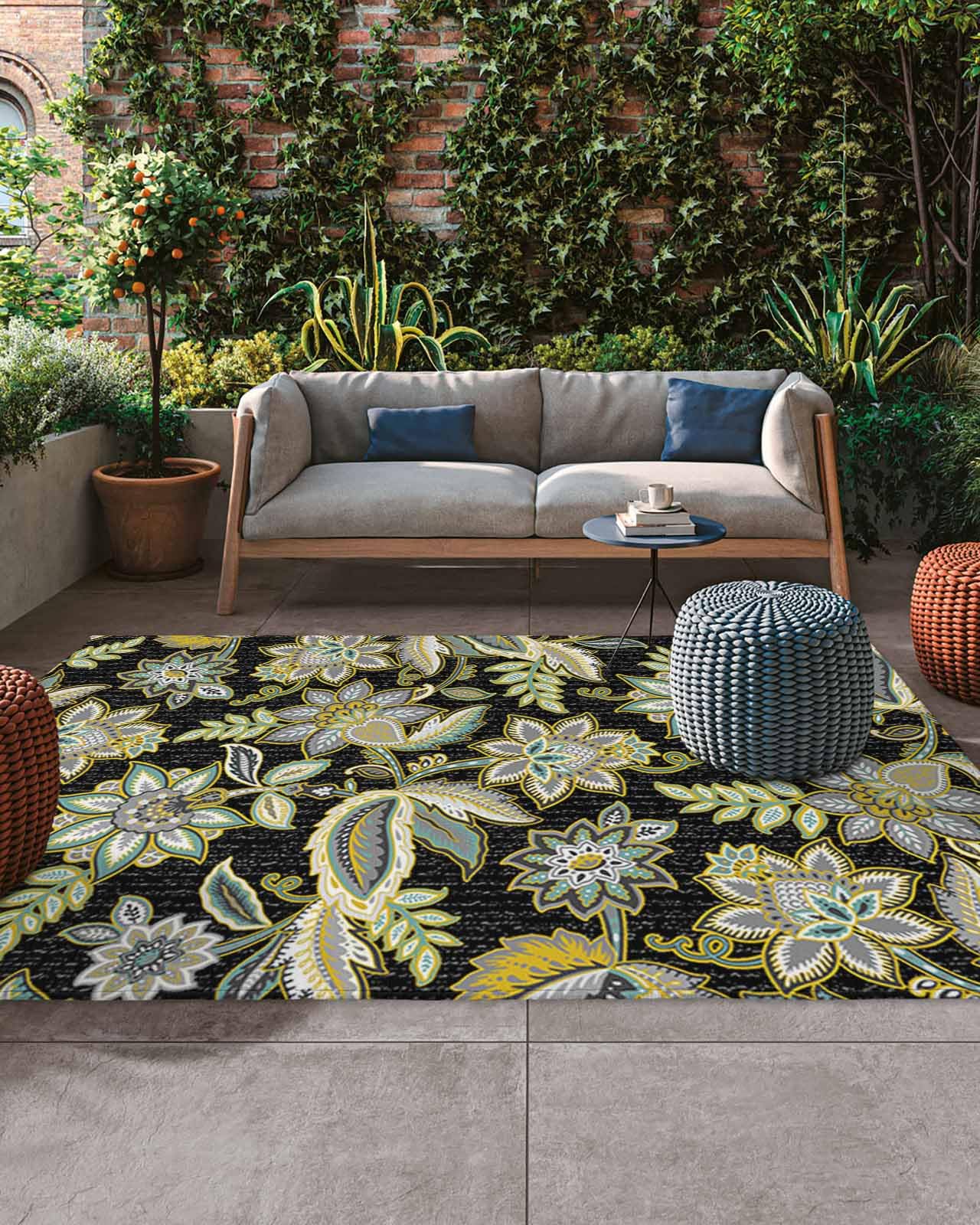 Outdoor Rug 6' x 9', Vintage Green Floral Large Non Slip Area Rugs