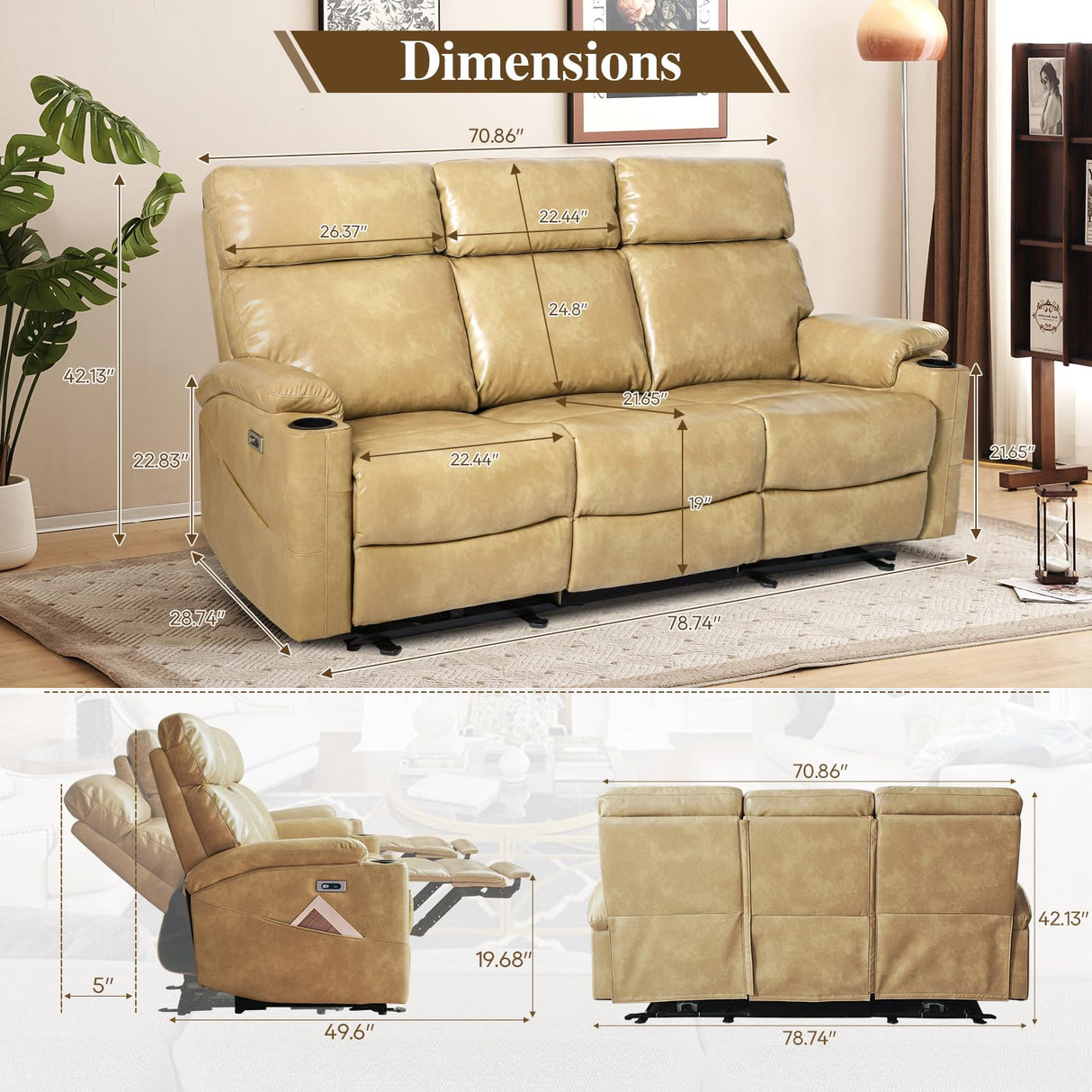 Power Reclining Sofa, Electric 3-Seat Dual Recliner Sofa with USB Ports, Cup Holders