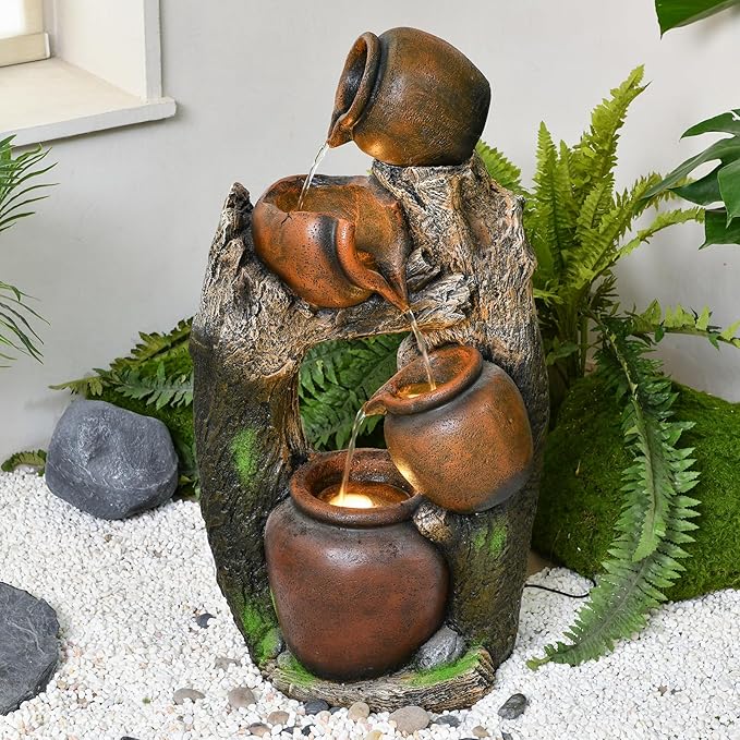 42.52" Outdoor Garden Water Fountain with Lights 4 Tiers Cascading Large Waterfall