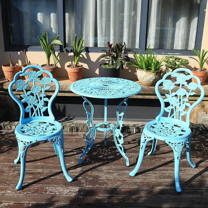 Outdoor Furniture Bistro Set with Rose Pattern 1 Table 2 Chairs for Garden Patio