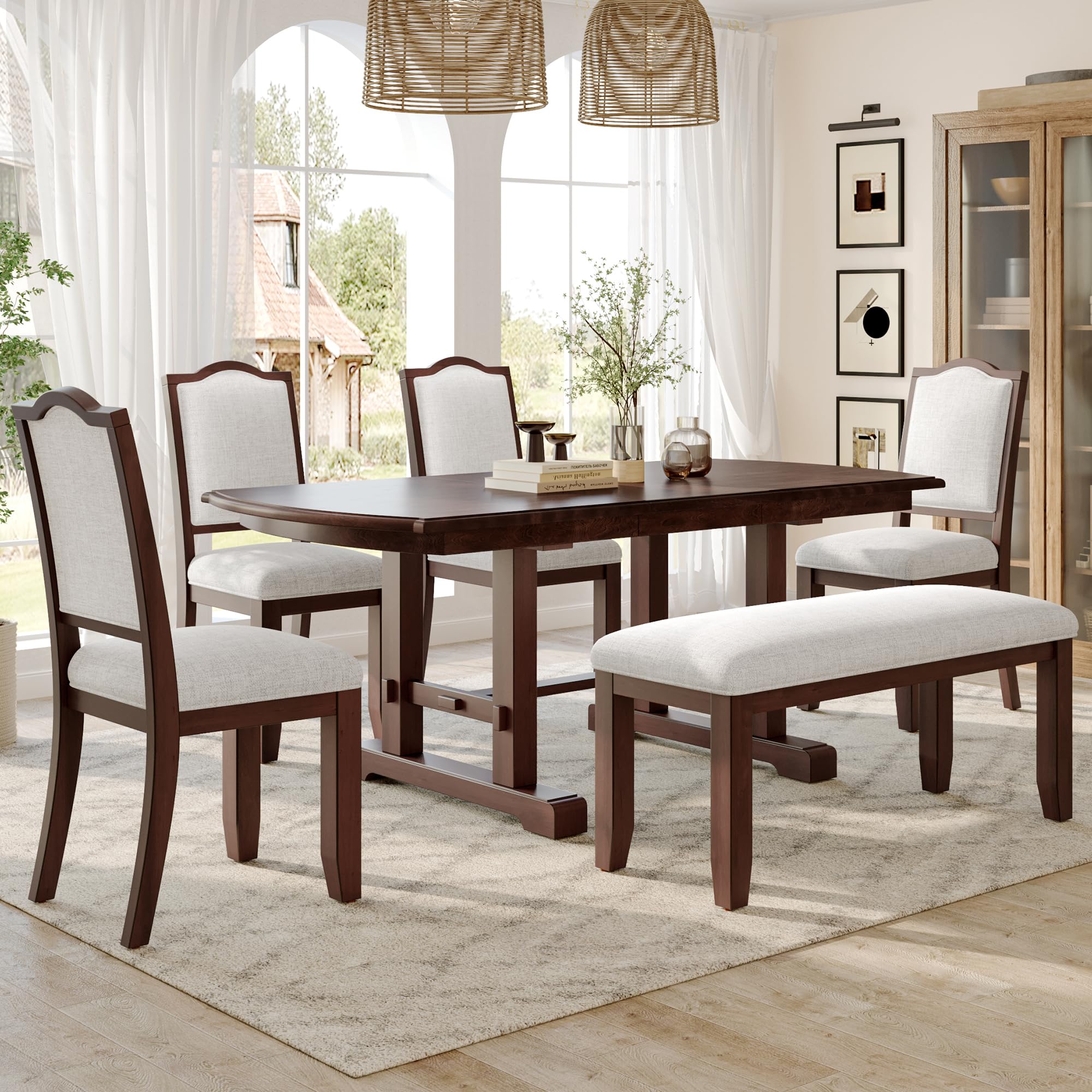 6-Piece Extendable Dining Set - Cherry Wood Table with Upholstered Chairs