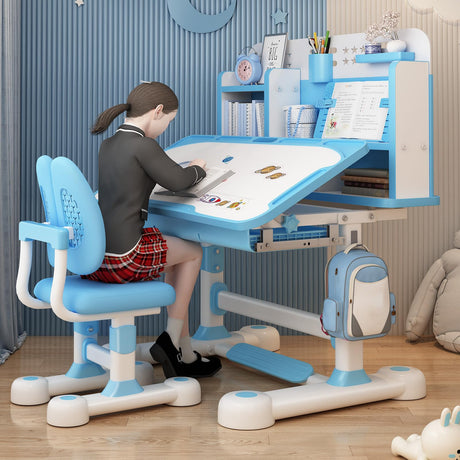 Height Adjustable Kids Study Desk with Cartoon Pattern, Widened Tabletop, Tiltable Reading Stand, Back Support & Spine Protect, Prevent Myopia, for Boys & Girls (Blue-B)