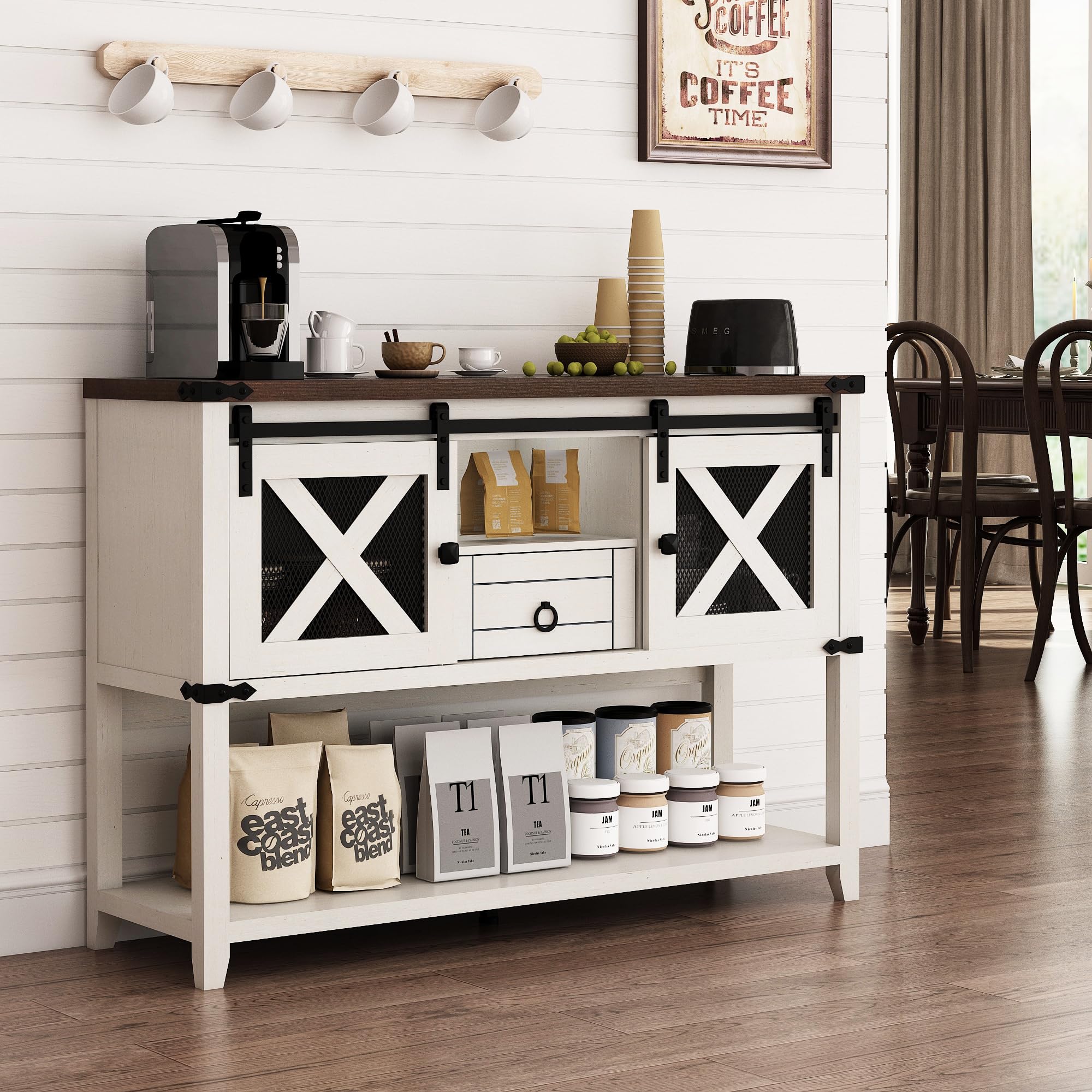 Farmhouse Entryway Table with 2 Sliding Barn Doors & Drawer, 46'' Rustic Console Table