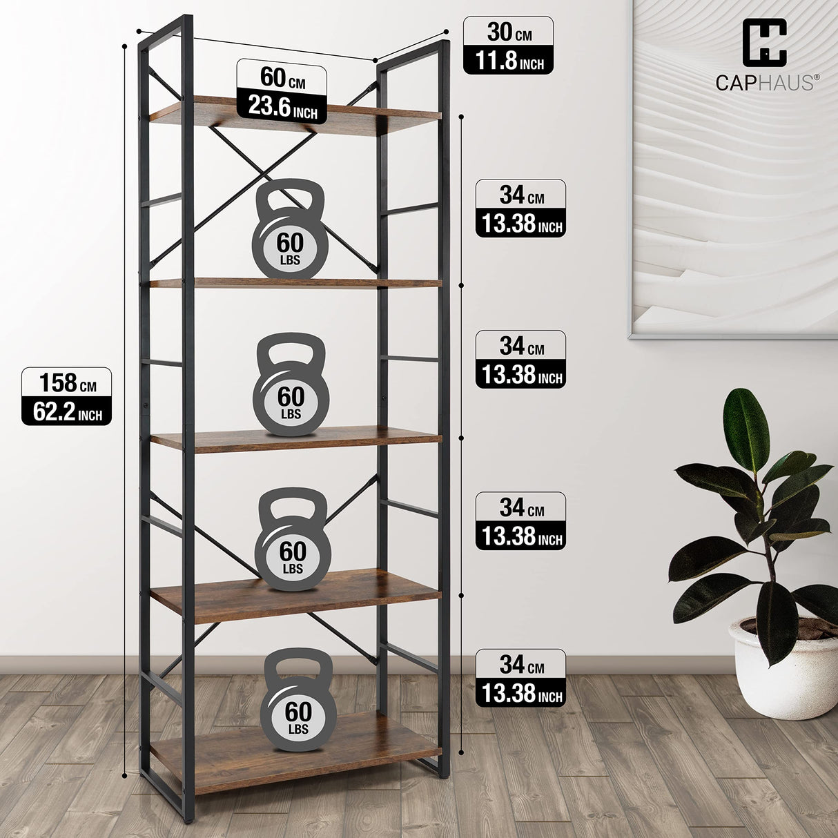 5 Tier Bookshelf, 24 Inch Width Free Standing Shelf, Bookcase Shelf Storage Organizer