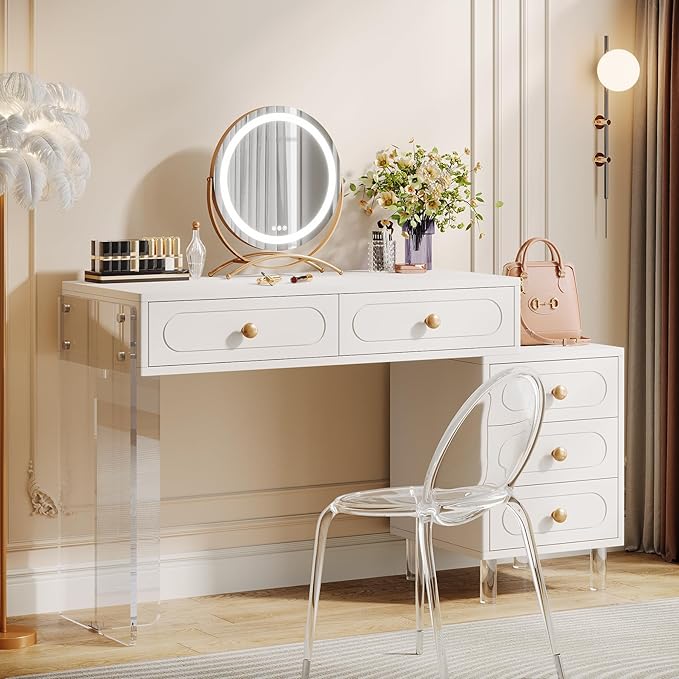 5-Drawer White Vanity Desk, Modern Extendable Makeup Desk with Acrylic Base and Legs, Small Dressing Table for Women Girls, Multifuctional Vanity Table for Bedroom