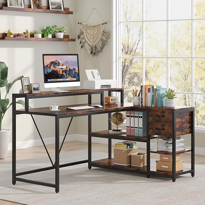 Reversible 55-inch L Shaped Desk with Drawer, Modern L Corner Desk Home Office