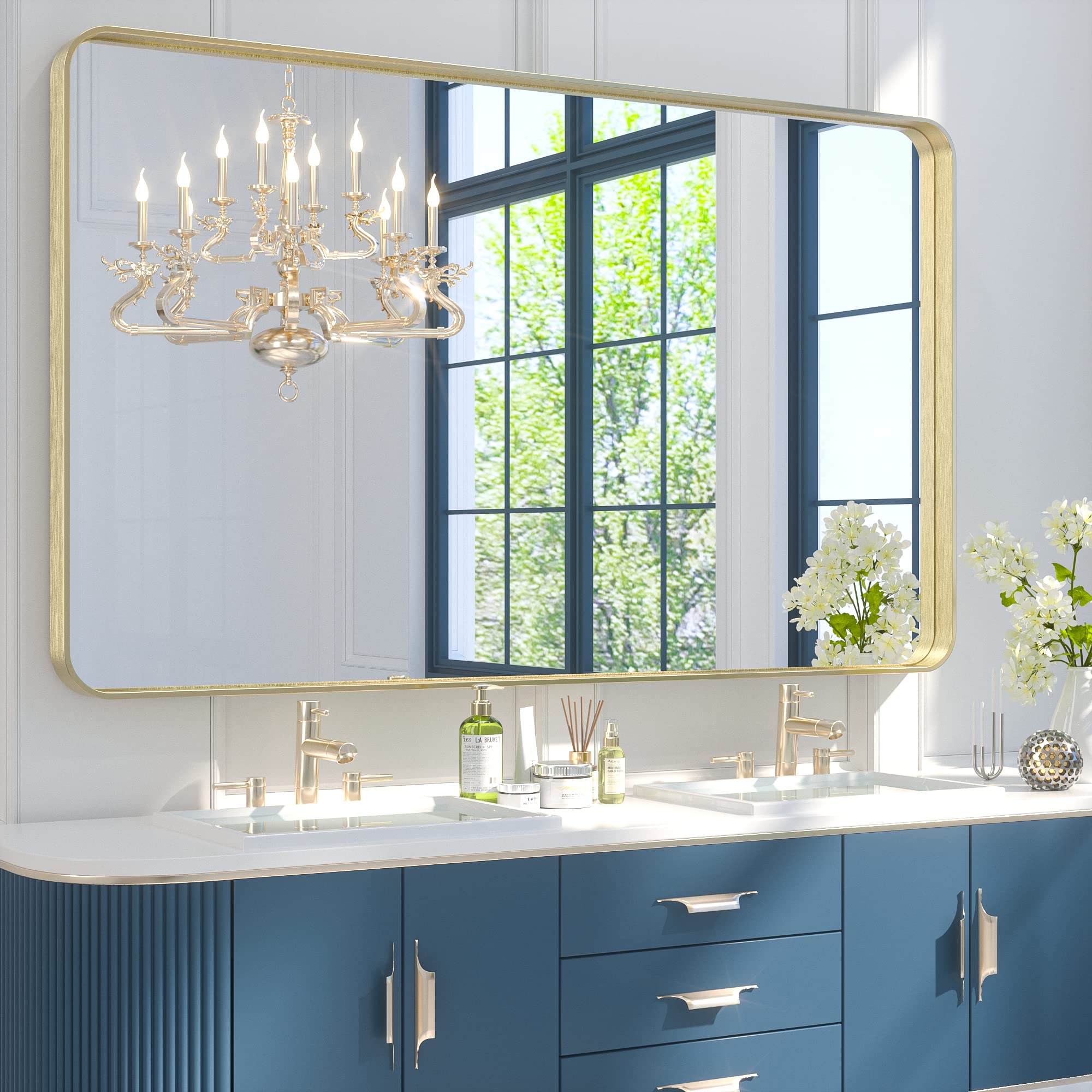 Bathroom Mirror, Brushed Gold Metal Framed Wall Mounted Mirrors