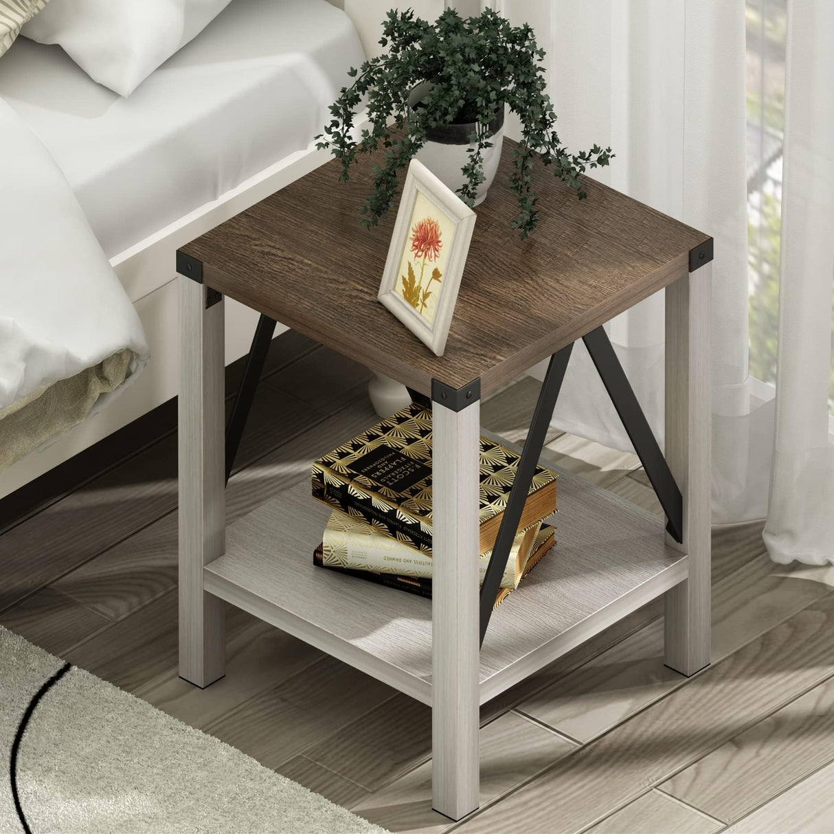 Farmhouse End Table Set of 2, Rustic Vintage Nightstand Side Table with Shelf