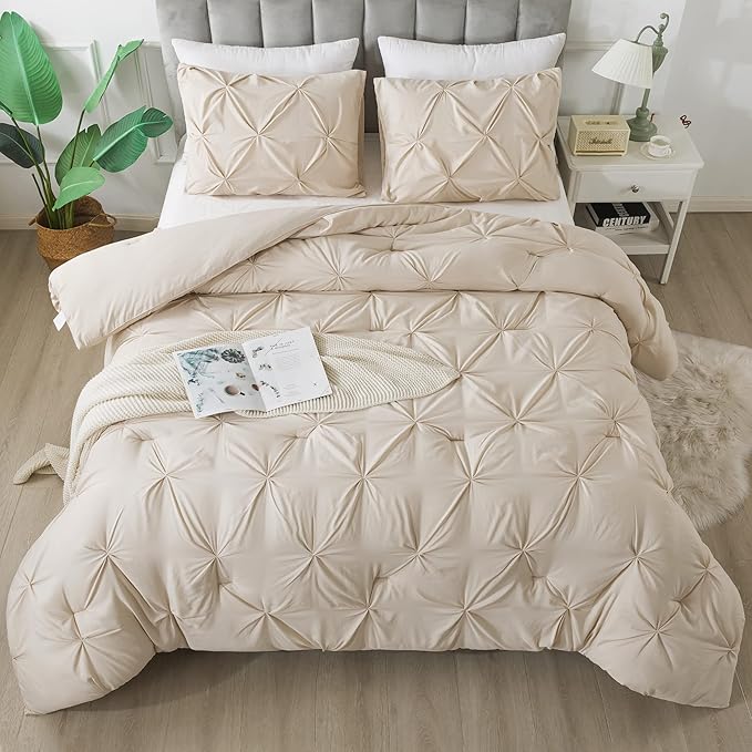 White Queen Comforter Set(90x90Inch), 3 Pieces Cute Pinch Pleat Bedding Comforters