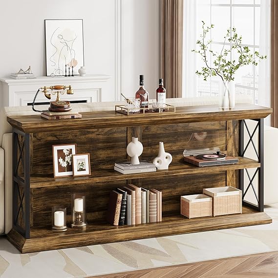 63 Inch Console Table with 3-Tier Storage - Oak Brown