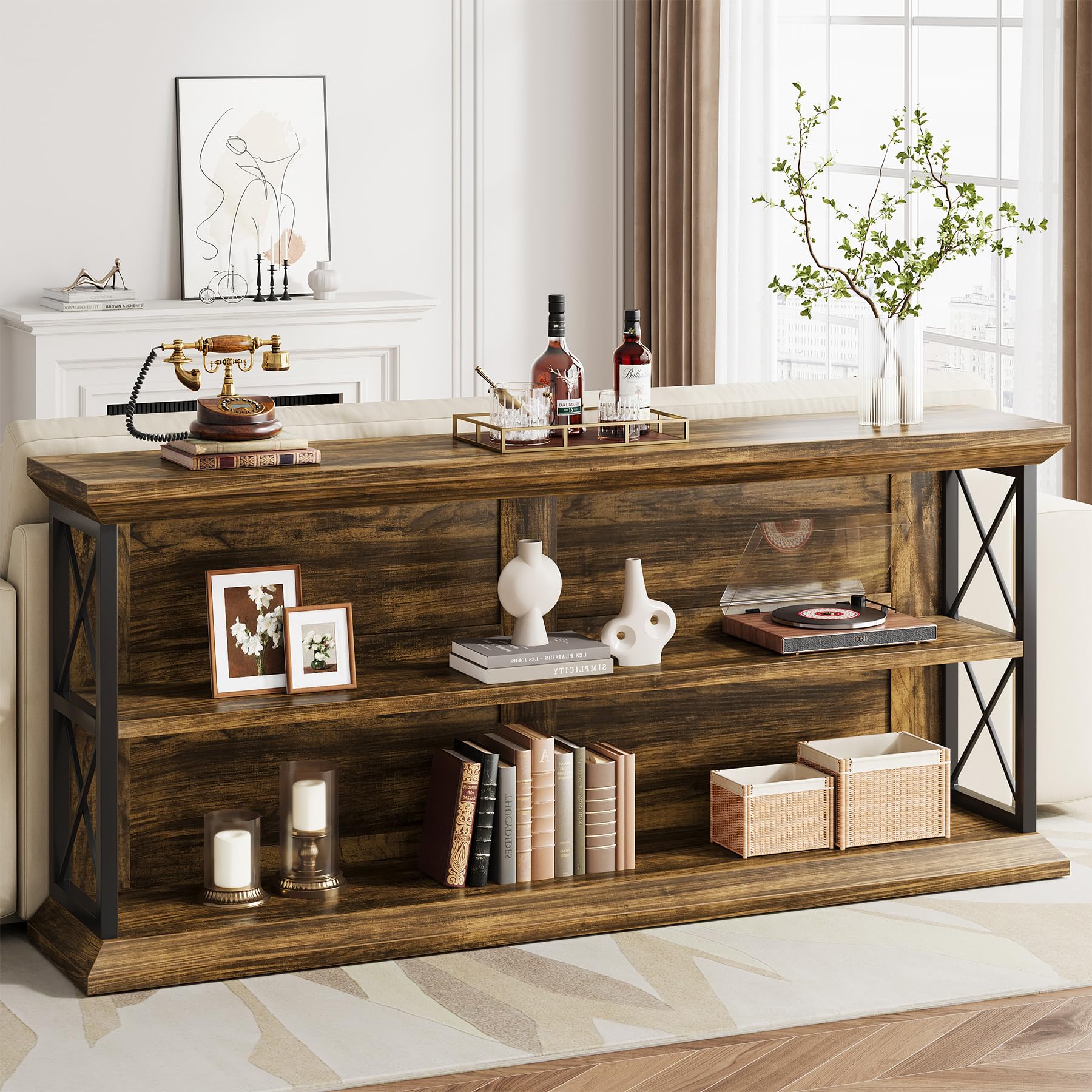 63-Inch 3-Tier Console Table with Storage - Brown Wood Entryway Sofa Table