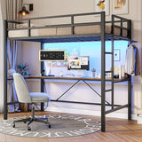 Loft Bed Full Size with Desk and Led Lights Metal Full Loft Bed with Power Outlet Full