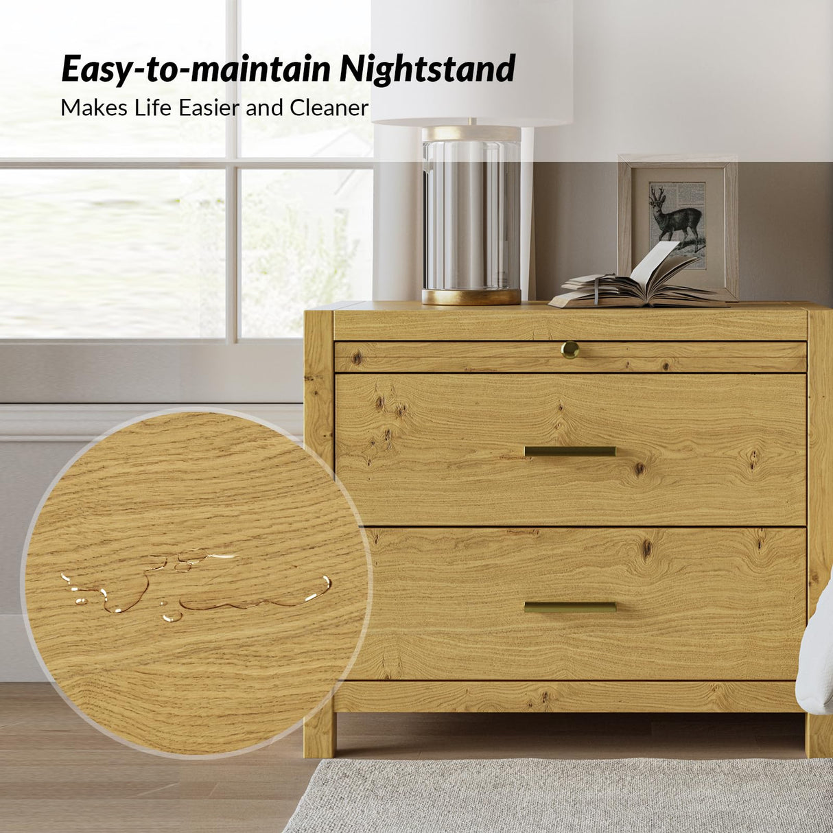 Nightstand with Drawers, Wood Nightstand Side Table with Storage and 1 Pull-Out Tray,