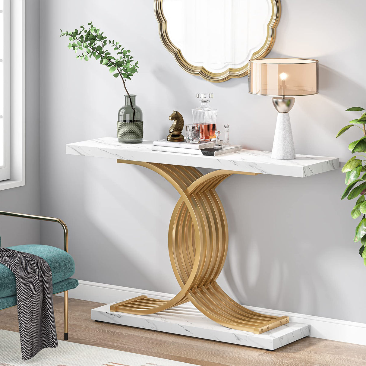 Tribesigns Gold Entryway Table, Modern 39-Inch Console/Accent Table with Geometric Metal Legs, Faux Marble Narrow Wood Sofa Table, Foyer Table for Entrance, Living Room (Gold & White)