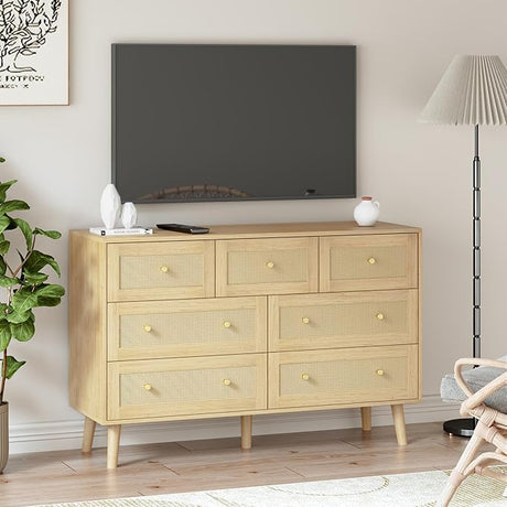 Rattan Dresser for Bedroom, Modern 6 Drawer Double Dresser with Gold Handles