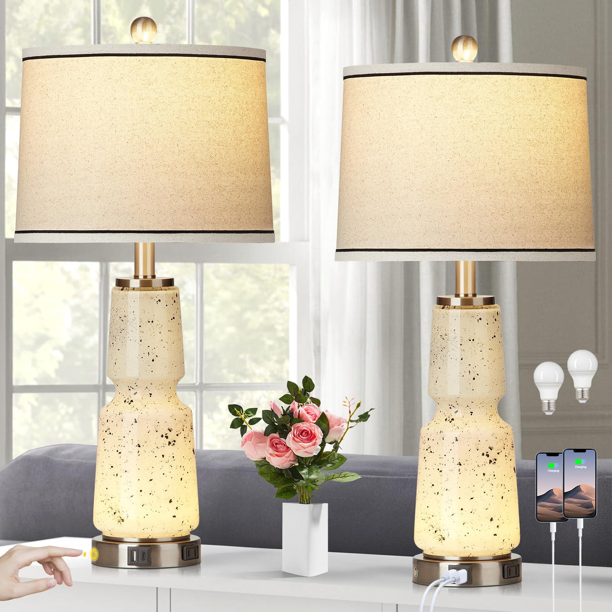 26" Glass Table Lamps Set of 2, Touch Control Modern Bedside Lamps with USB A+C