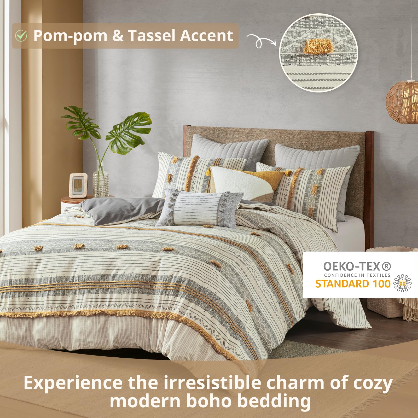 Cody King Comforter Set - Gray Yellow Boho Bedding with Pompom Trim